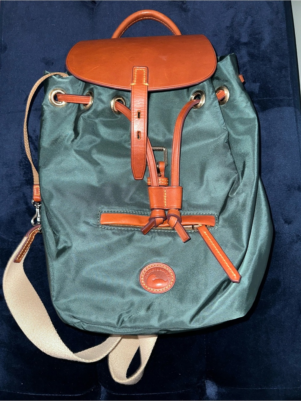 Dooney & Bourke Forest Green Nylon Backpack with Cognac Leather Trim